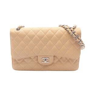 Chanel Double Flap Shoulder Bag Caviar Leather Grained Calfskin Beige